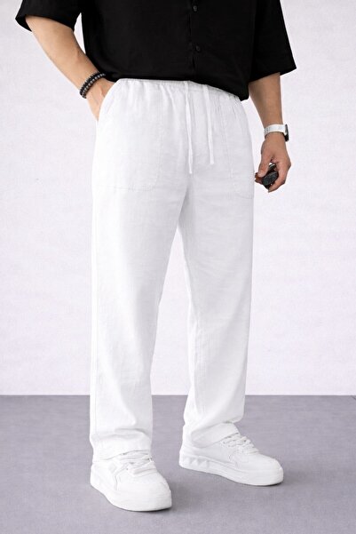 BM BALANCEMODA Ανδρικό άνετο καλοκαιρινό λευκό φαρδύ παντελόνι Λινό