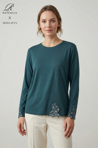 Ravencia Γυναικεία δαντελωτή μπλούζα με σχέδιο ριγέ, κεντημένη με πέτρες, με ...