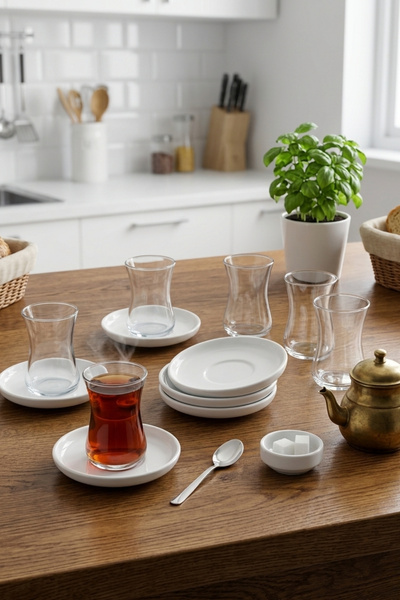 Keramika Ayışığı Beyaz Cam Çay Takımı 12 Parça 6 Kişilik