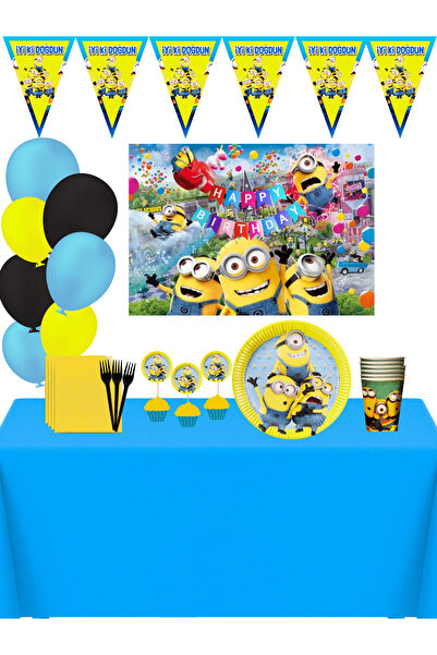 HAPPYLOOPPARTY Minions Minyonlar Afişli 8 Kişilik Doğum Günü Parti Süsleri Se...