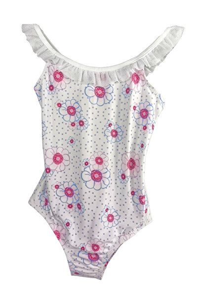 LOOK ME White Floral and Polka Dot Ruffle Detailed Girls' Swimsuit