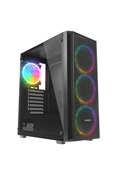 Everest MEGA V2 Mesh Panel 600W Temperli Camlı 4x12cm Auto RGB Fan ATX Mid-T Gaming Oyuncu Kasası