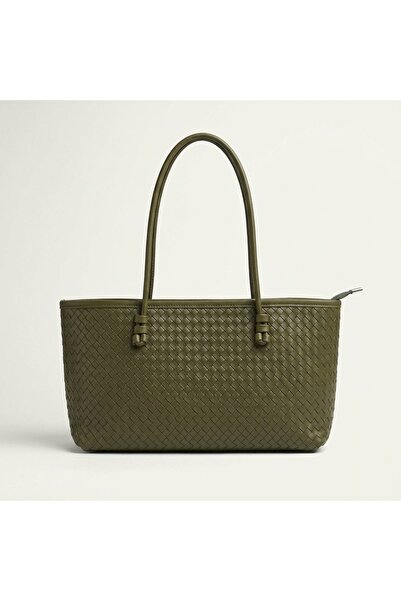 Baguar Women's Khaki Color Sleeve Bag Si Knitted Detail Tote Bag