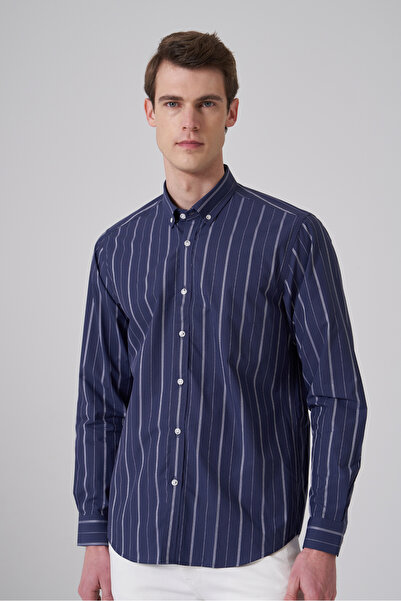 Morven Men's Navy Blue Cotton Trendy Striped Dynamic Fit Button-Down Collar S...