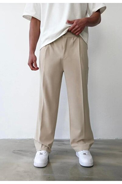 MODAMESTO Men's Beige Baggy Fit Relaxed Fit Pleated Fabric Trousers