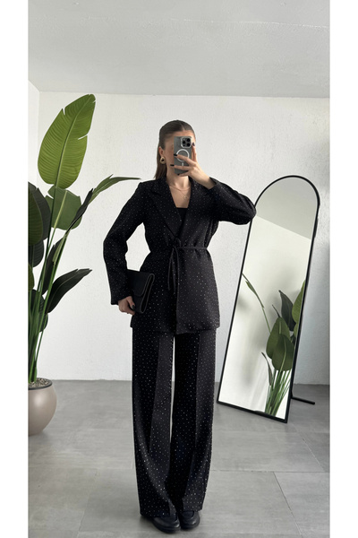 asfamoda Γυναικείο Μαύρο Σετ με Λαμπερές Πέτρες Γυναικείο Σετ Μπλέιζερ Παντελ...