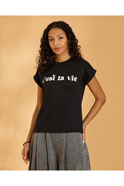 REDTAG Women Black Printed T-Shirt