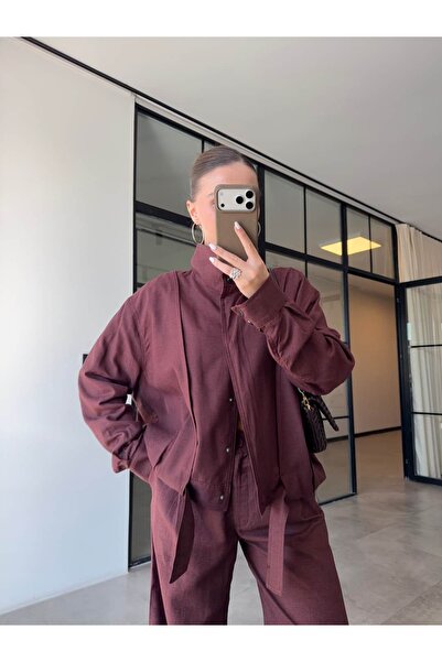 BB Bensu Buyruk Λινό μπουφάν με ζώνη, μούρι