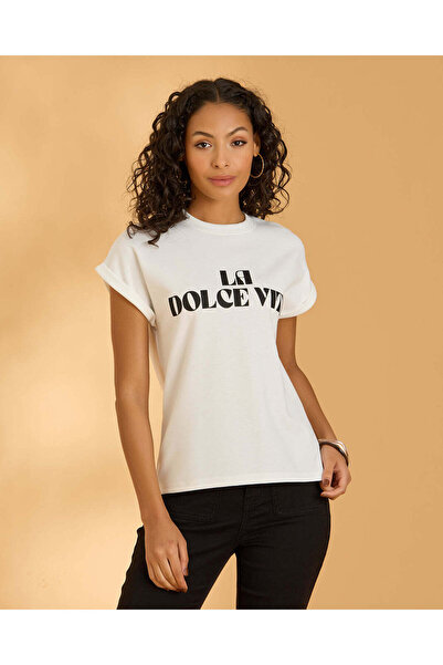 REDTAG Women White La Dolce Printed T-Shirt