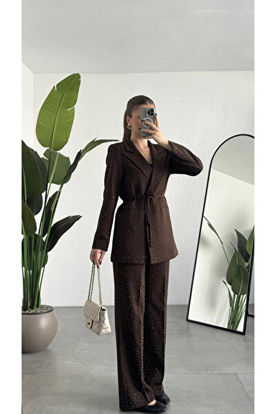asfamoda Γυναικείο καφέ σετ με λαμπερές πέτρες Γυναικείο σακάκι και παντελόνι...