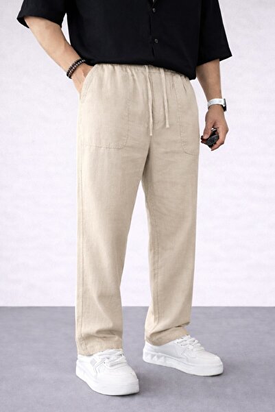 BM BALANCEMODA Ανδρικό άνετο καλοκαιρινό μπεζ φαρδύ παντελόνι Λινό