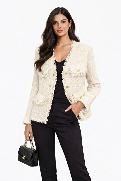 LE CARAMBOLE Γυναικείο Κρεμ Μπουφάν με Φούντες και Λεπτομέρειες, με Χρυσά Κου...