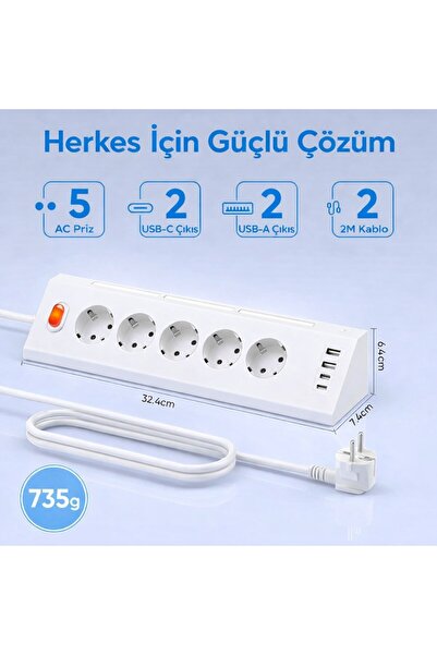 SMAYLİNG 5’li Akım Korumalı Köşe Çoklu Priz 2 USB-A 2 USB-C Gece Işıklı Dokun...