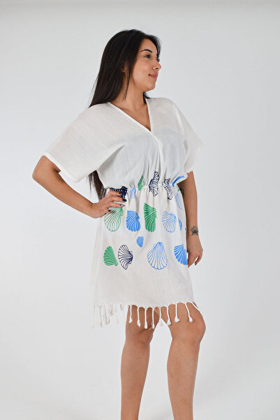 REİNA TEKS Φόρεμα παραλίας με σχέδιο κοχύλια, βαμβακερό, με λαιμόκοψη V και ε...