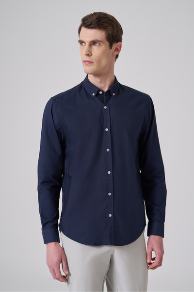 Morven Men's Dark Navy Cotton Trend Plain Dynamic Fit Button-Down Collar Shirt