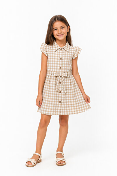 İrem Çocuk Giyim Girl's Button-Closed Collared Waist Belted Seersucker Model ...