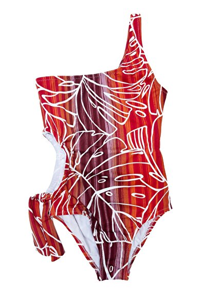 LOOK ME One-Shoulder Monstera Leaf Patterned Girls' Swimsuit with Tie Detail