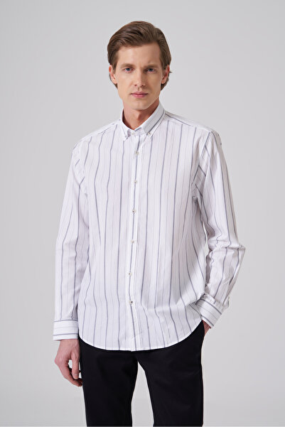 Morven Men's White Cotton Trendy Striped Dynamic Fit Button-Down Collar Shirt