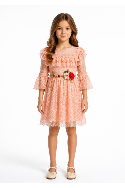 İrem Çocuk Giyim Girl's Lace Laced Lined Belted Waist Belted Salmon Color Mid...