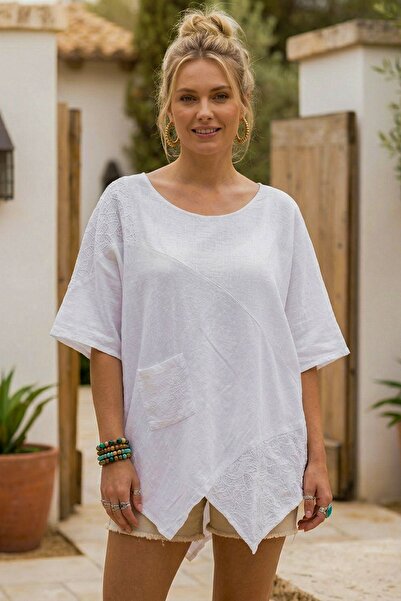 Chiccy Λευκό λινό λουράκι με κοντό μανίκι, τσέπες, κεντητό, ασύμμετρο, casual...