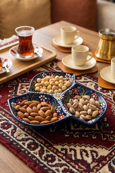 EvaniLife Sultan Garden 3 Bölmeli Çerezlik El Yapımı Seramik Atıştırmalık Sun...