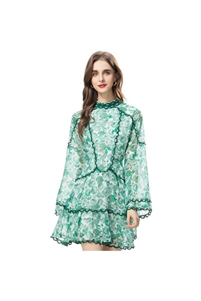 Zaghou Green Floral Print High-Waisted Dress
