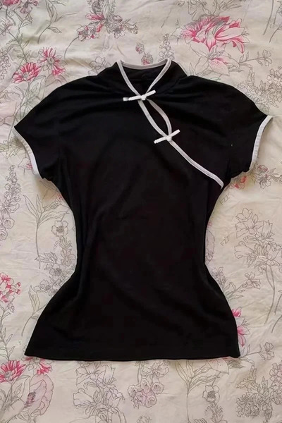 1blood Μαύρο κινέζικο κολάρο με λευκές ρίγες Vintage Y2K κοντομάνικο crop