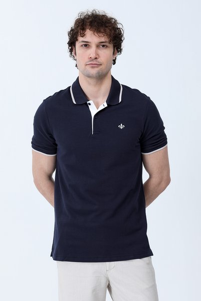 JB John Borners Men's Polo Collar Lily Embroidered 100% Cotton T-Shirt Navy Blue White - 26Y 2118