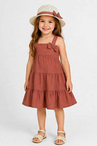 İrem Çocuk Giyim Girl's Strappy Hat and Wrinkled Fabric Brick Color Midi Dress