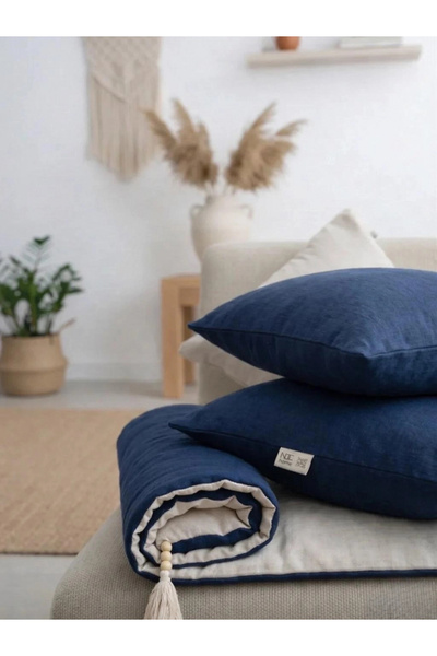NDC HOME وسادة/مرتبة أريكة من الكتان مزدوجة الجوانب [مع وسائد زينة] - أزرق دا...