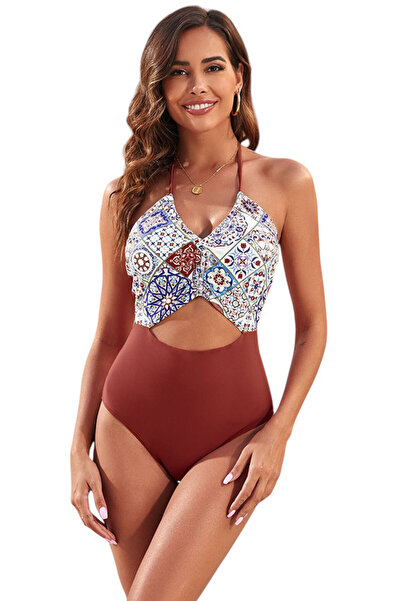 EFAYN.RO Swimsuit, one piece, cheerful pattern with exposed midriff and bare ...