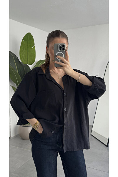 asfamoda Γυναικείο μαύρο πουκάμισο oversize με τσέπες, μακρυμάνικο, με κουμπι...