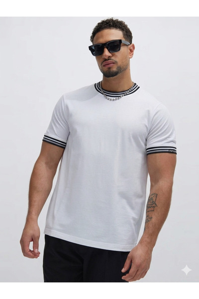 FUWEAR Ανδρικό μπλουζάκι από χτενισμένο βαμβάκι με λεπτομέρειες σε λευκό ριμπ...