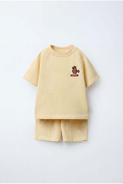 Magu Unisex Παιδικό Βαμβακερό Σετ Σορτς με Κεντημένο Ανοιχτό Κίτρινο Μπλουζάκι