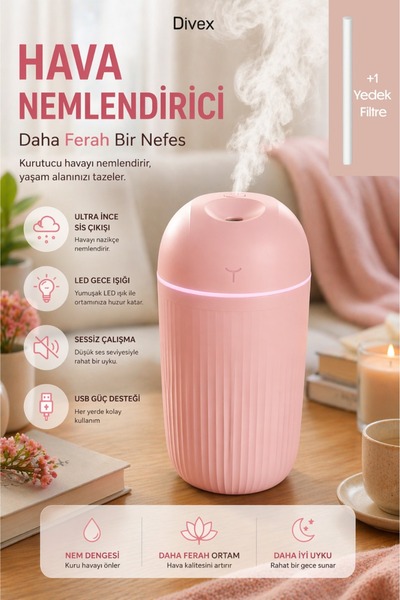 Divex Aromaterapi hava Nemlendirici Difüzör 420 ML, LED Gece Işıklı ve Sessiz...