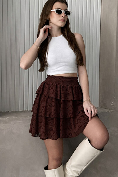 İLKCET MODA Fusta mini căptușită cu dantelă maro pentru femei