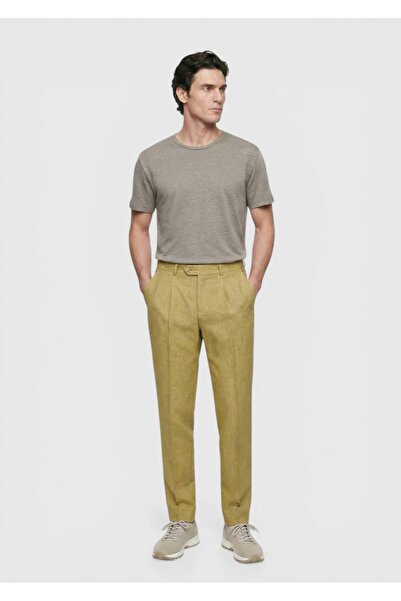 Ramsey Oil Green Plain Woven Regular Fit Casual 100% Linen Trousers