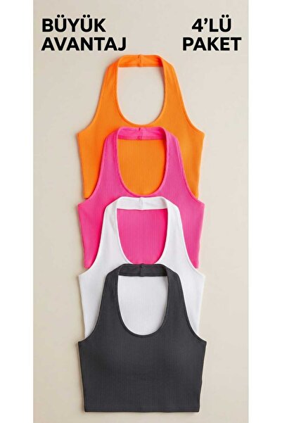 ZUM Crop bustieră cu șnur la gât, 4 piese, din lycra, pentru femei, cu efect ...