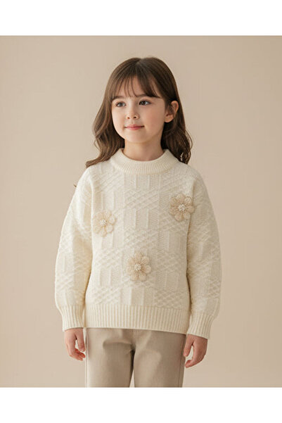 REDTAG Girls Off White Textured Cardigan With 3D Flowers