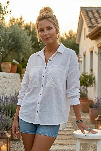 Chiccy Λευκό πουκάμισο με γιακά, μανσέτες, κουμπιά, διπλές τσέπες, κεντημένο,...