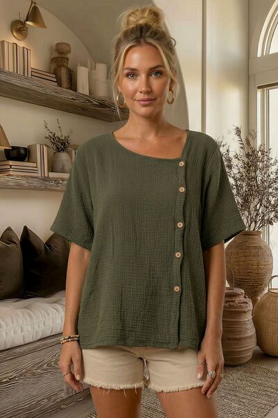 Chiccy Σκούρο Χακί Ασύμμετρο Γιακά Κοντό Μανίκι με Κουμπιά Casual Μουσελίνα Υ...