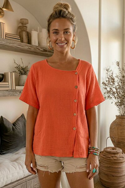 Chiccy Bluză casual din muselină țesută, cu guler asimetric, mânecă scurtă și...