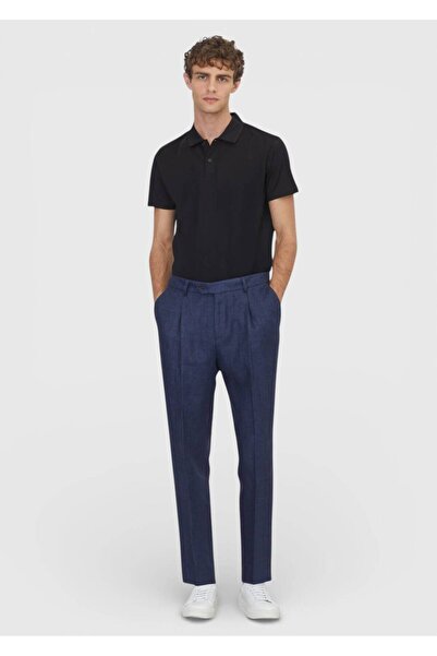 Ramsey Light Navy Blue Woven Comfort Fit Casual 100% Linen Trousers