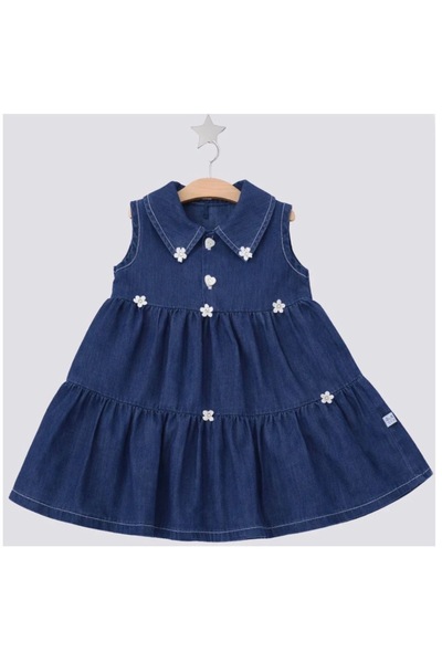 MİNİ MODA ÇİÇEK DETAYLI KIZ BEBEK KOT ELBİSE