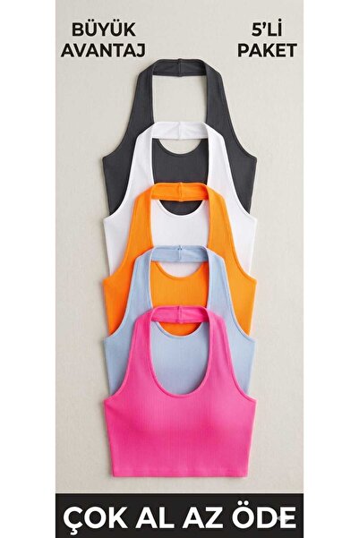 ZUM Crop bustieră cu șnur pentru gât, 5 piese, din lycra, pentru femei, cu ef...