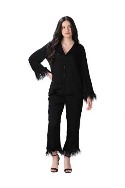 Dakakeen Concept Black Feather-Trimmed Set – Elegant Flowing Fabric Luxurious...