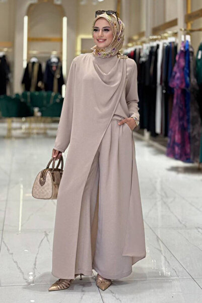 Bym Fashion Tek Omuz Gold Toka Detaylı Tunik Pantolon Takım 8698 Açık Vizon