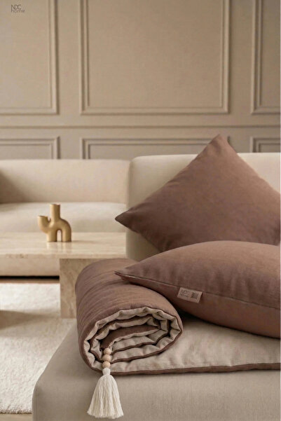 NDC HOME Luxury Çift Taraflı Keten Koltuk Pedi / Şiltesi [Kırlentli] - Kahver...