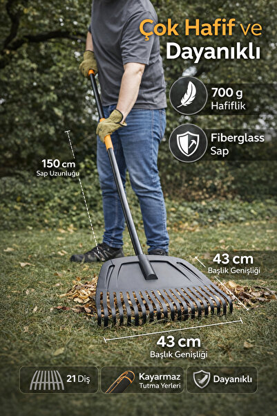 Binbirreyon Uzun Fiber Saplı Yaprak Tırmığı Tırmık 170cm 21 Dişli 43cm 700Gr ...