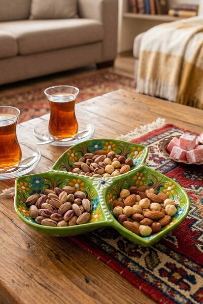 EvaniLife Sultan Garden 3 Bölmeli Çerezlik El Yapımı Seramik Atıştırmalık Sun...